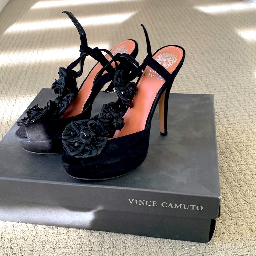 Vince Camuto black velvet platforms with beautiful detailing.